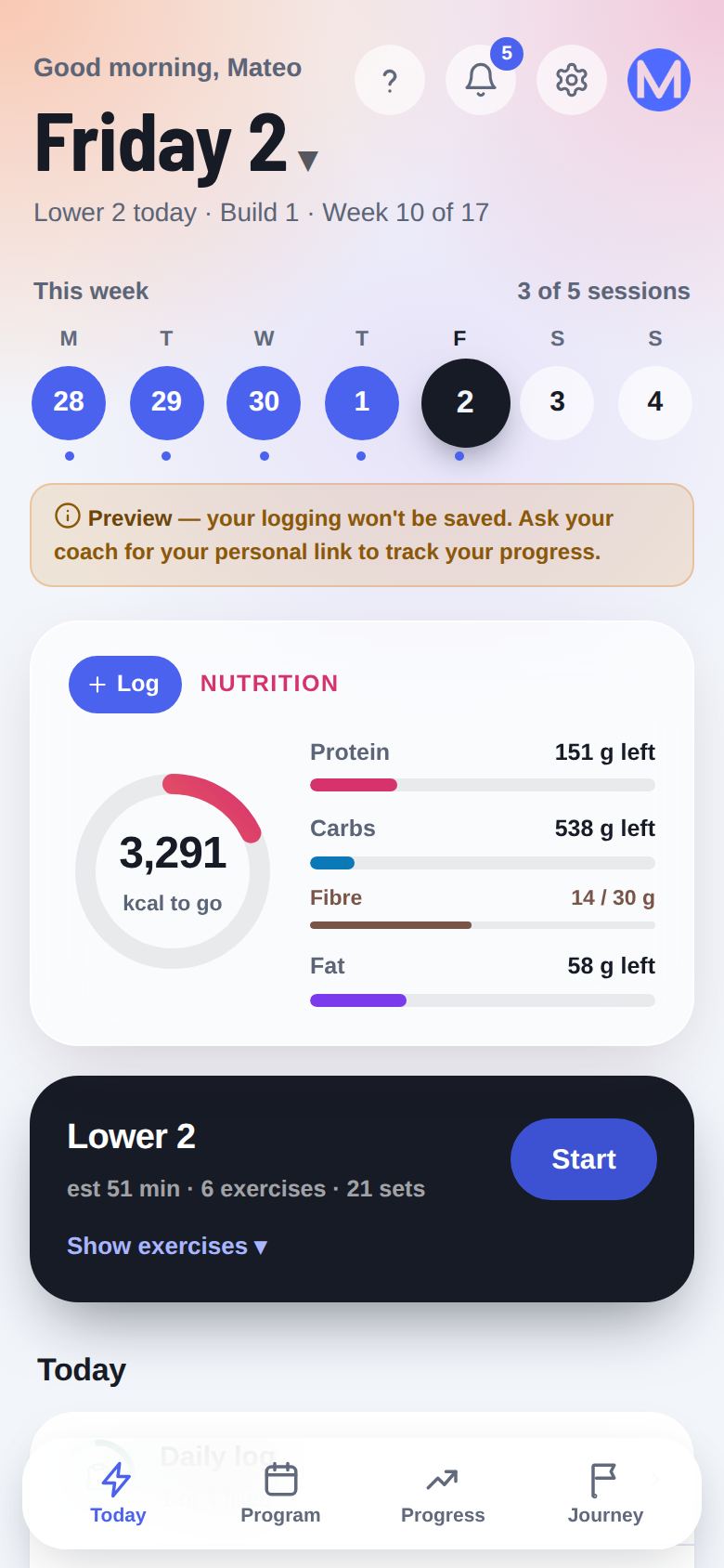 The client's Today screen on a phone: today's session, the daily log and food
